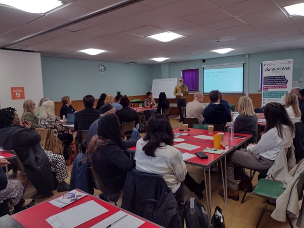 Image shows stakeholders watching the delivery of presentation at WorkWell Wolverhampton Stakeholder Event