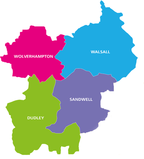 Map of the Black Country showing the four boroughs of Dudley, Sandwell, Walsall and Wolverhampton